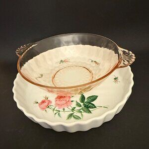 Vintage Christineholm Fluted Porcelain Quiche/Tart/Pie Dish and Pink Depression